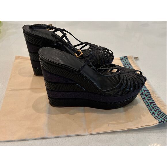 Tory Burch Women's Strappy Leather Snakeskin Platform Wedge Sandals Black Size 9 - Picture 1 of 10